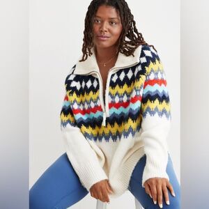 Aerie Fair Isle Quarter Zip Nordic Chunky Oversized Sweater - Size Medium